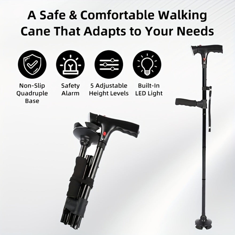 Foldable Walking Cane for Seniors Adjustable Height Folding Stick with Wrist Strap T-Handle Printed Design Portable Lightweight Mobility Aid Gift for Parents