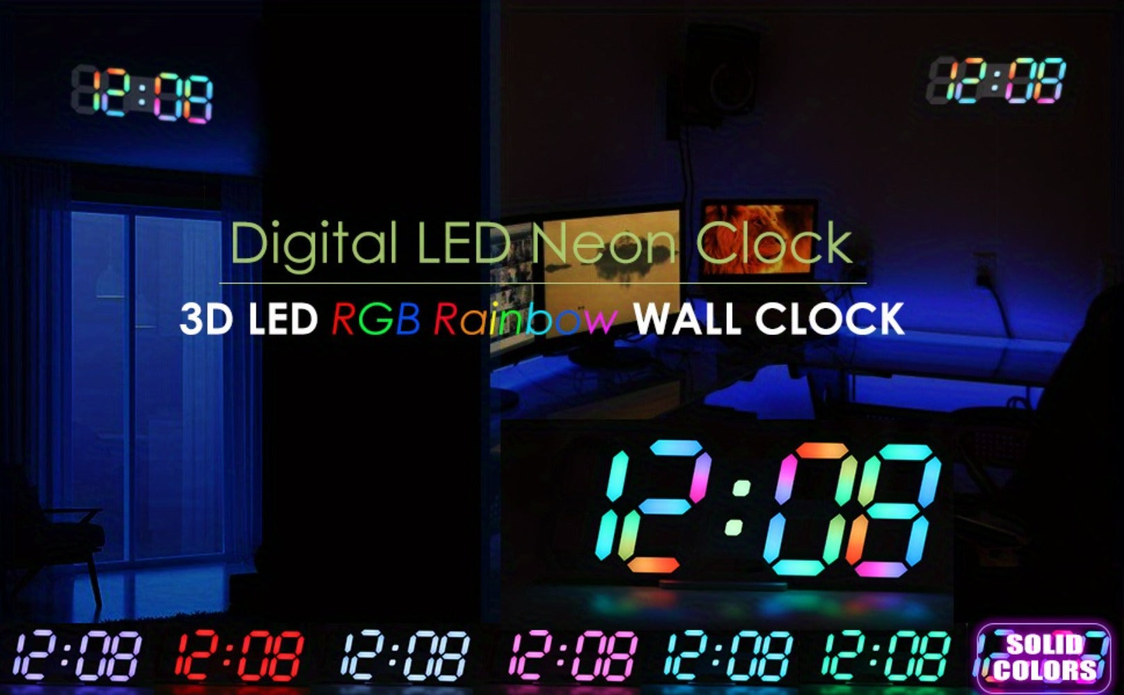 Digital Wall Clock RGB Neon LED 9.7¡± Large Display ¨C Aesthetic Alarm Clock with Remote Control, Adjustable Brightness, Date & Temperature Display for Bedroom, Living Room, Office & Gym