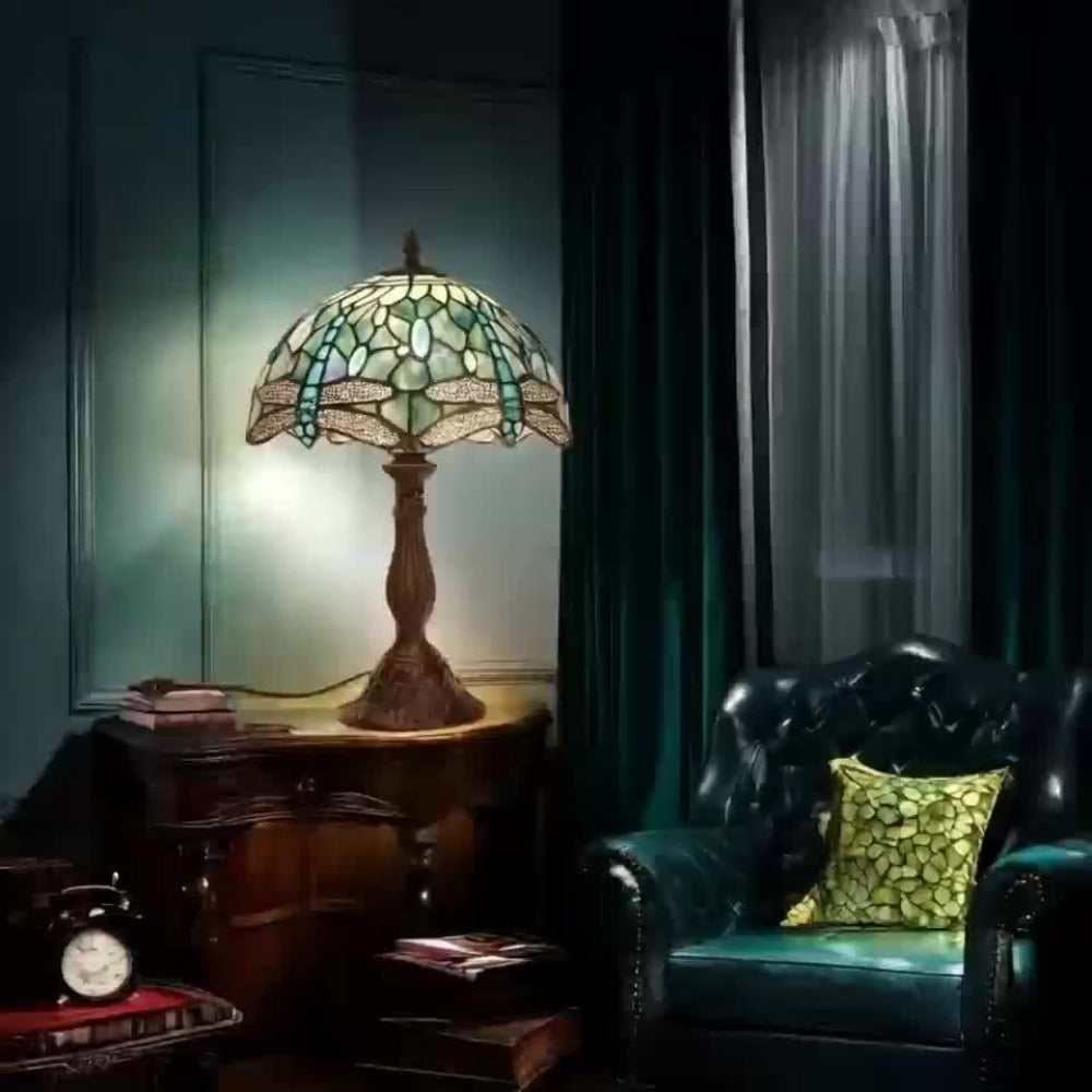 Stained Glass Table Lamp Dragonfly Design - Tiffany Style Bedside Lamp with Colorful Art Glass Shade, 18-Inch LED Night Light for Bedroom Nightstand Living Room Reading Desk Home Decor