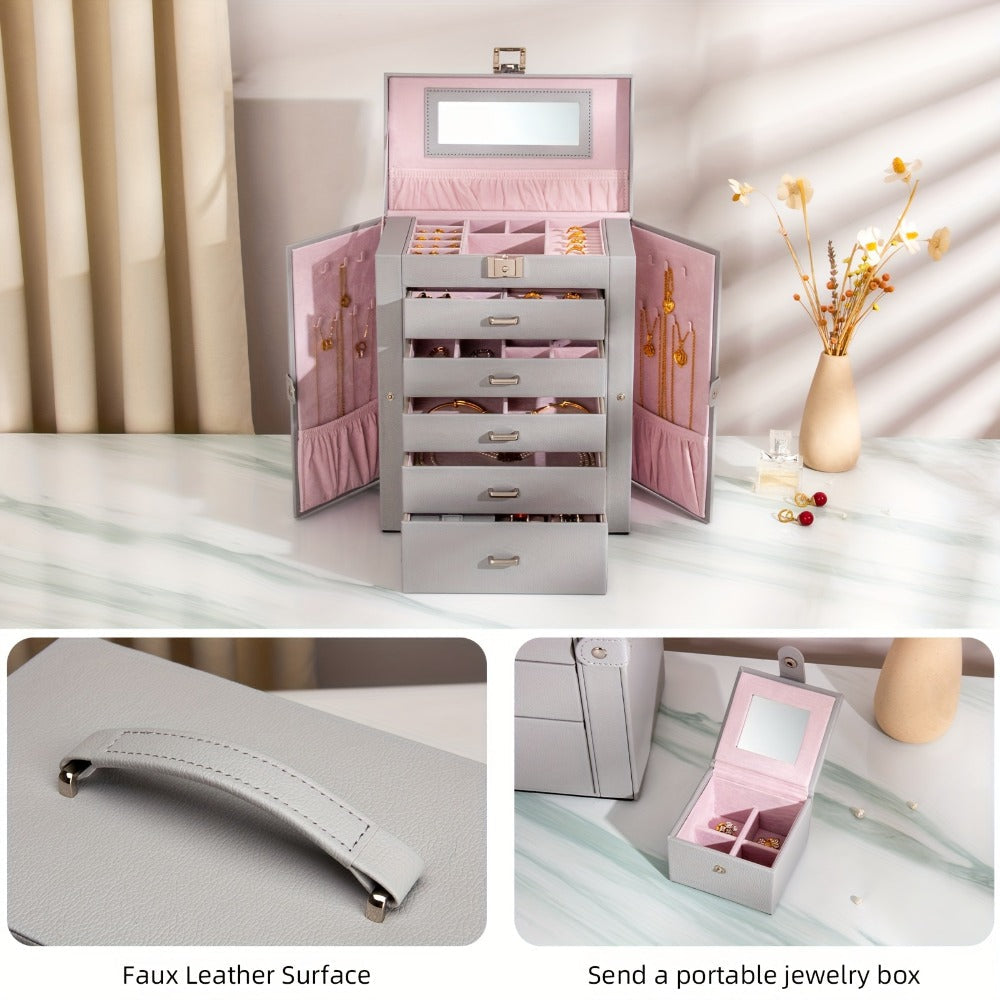 Jewelry Box 6 Tier with 5 Drawers Mirror & Lock | Large Jewelry Organizer Storage Case Gift for Women