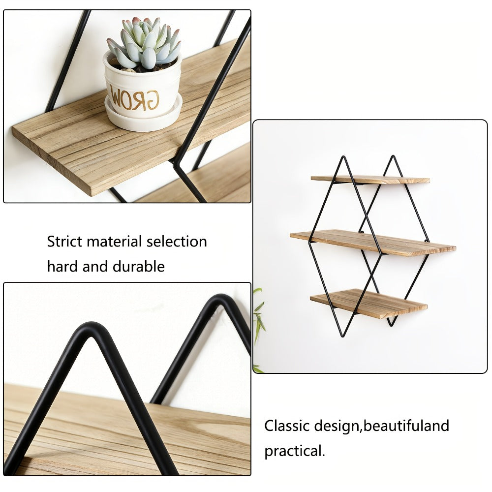 Geometric Diamond Wall Shelf 3-Tier Metal Wire & Wood Floating Shelves | Industrial Style Display Shelf for Living Room Kitchen Bedroom