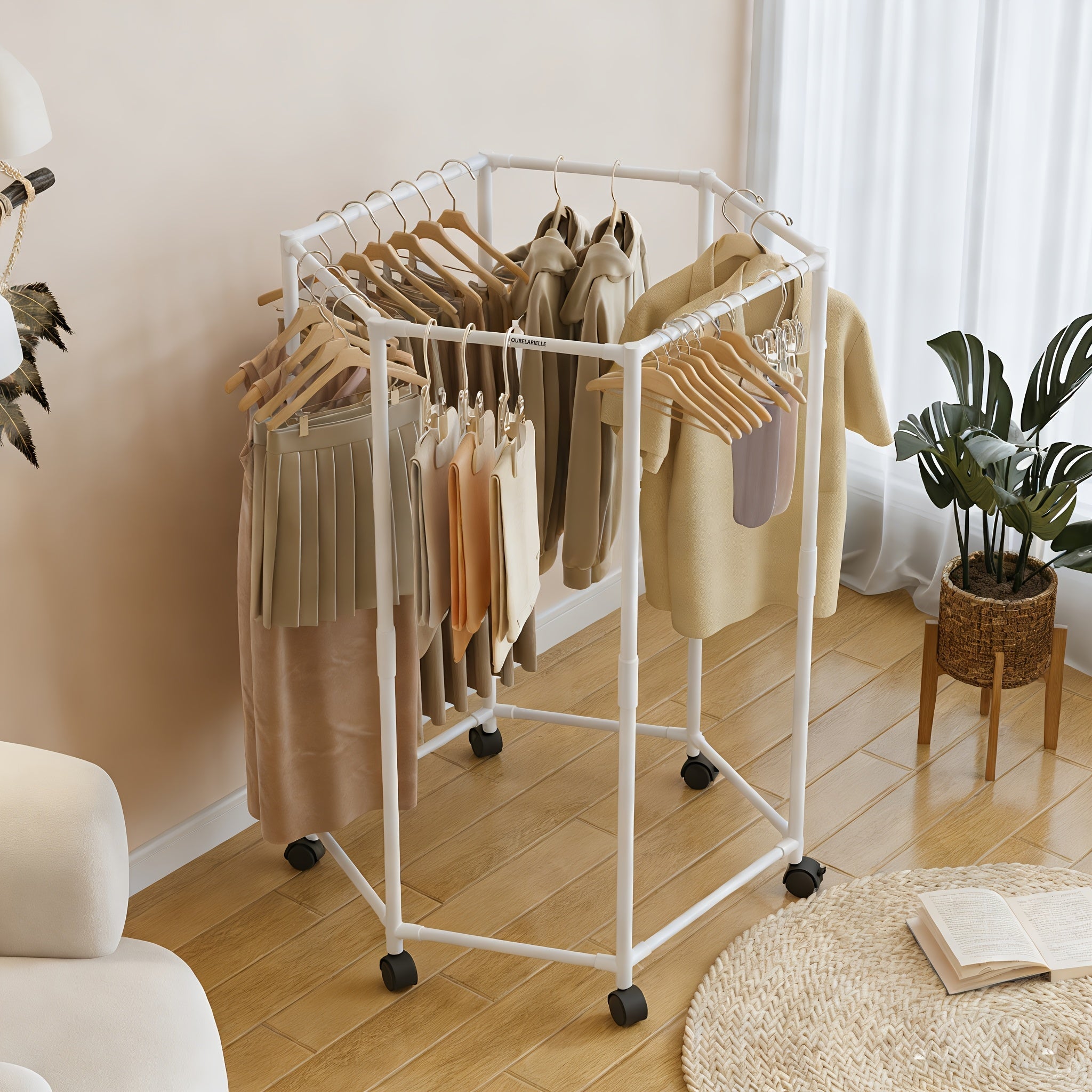 Hexagonal Clothes Drying Rack Freestanding Rotating Metal Garment Rack with Wheels Multiple Rods Space Saving Coat Rack for Bedroom Dorm Balcony Laundry