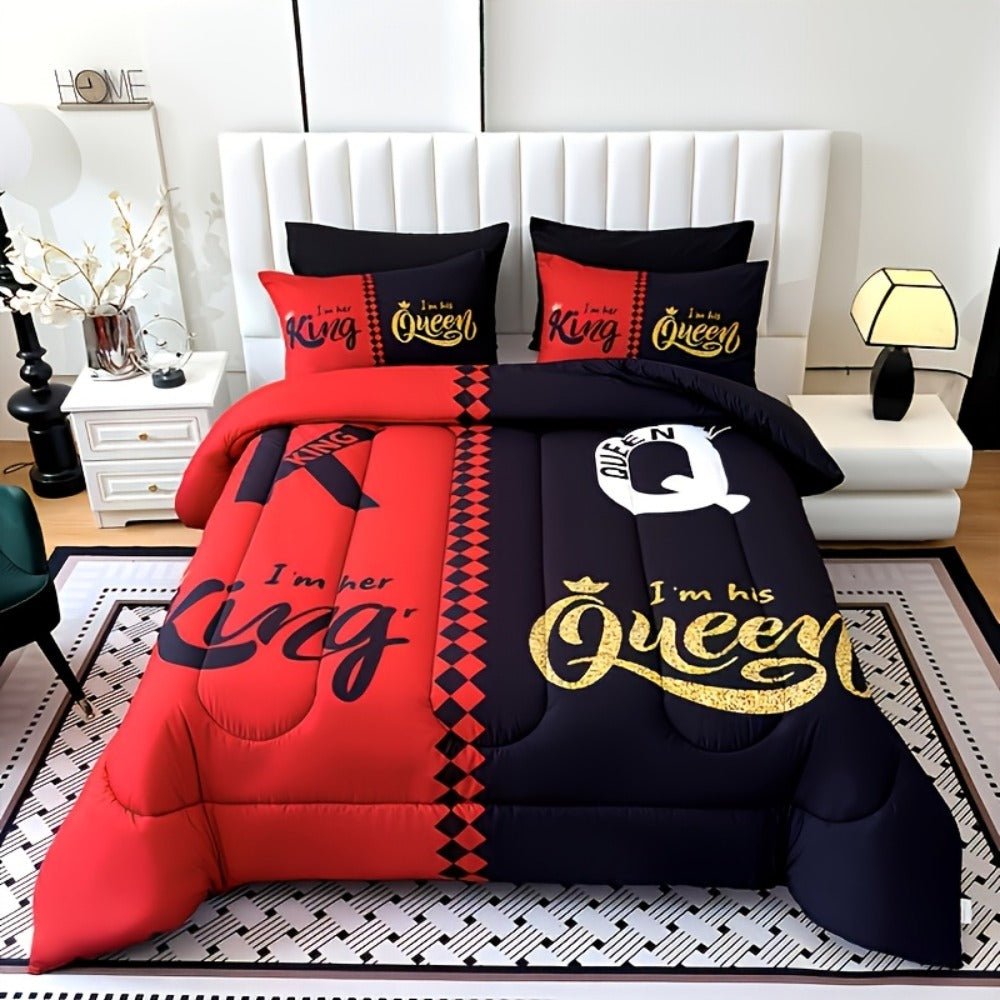 Comforter Set 3-Piece ¨C Soft Breathable Quilt with 2 Pillowcases, Black Grey Color Block Crown Letter Print, Twin Full Queen King, 180GSM Bedroom Bedding Set