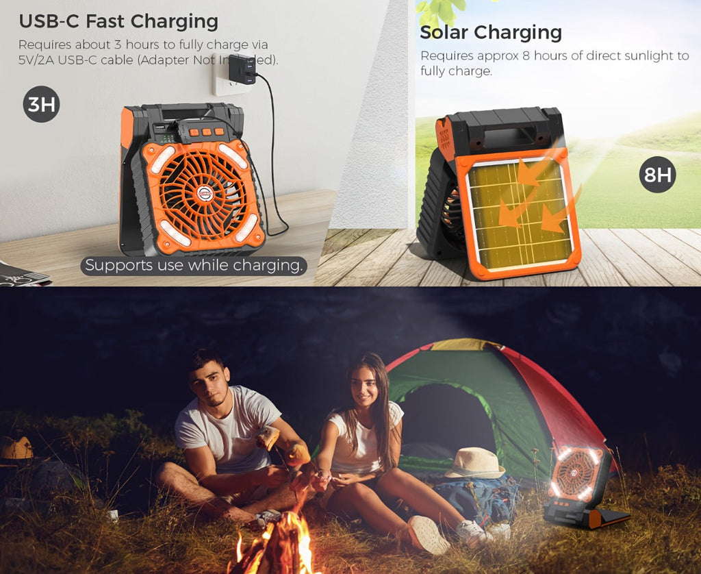Solar Camping Fan 10400mAh Rechargeable with Solar Panel LED Light Timer USB Battery Powered 2-in-1 Fan and Light for Travel Picnic Outdoor Indoor Sleeping
