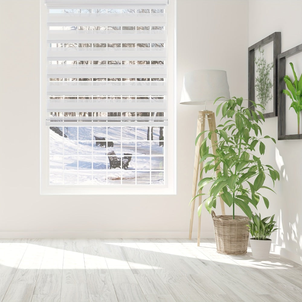 Cordless Zebra Roller Shade with Valance ¨C Day Night Window Blind, Light Filtering Dual Layer Window Treatment Mesh Opaque Fabric