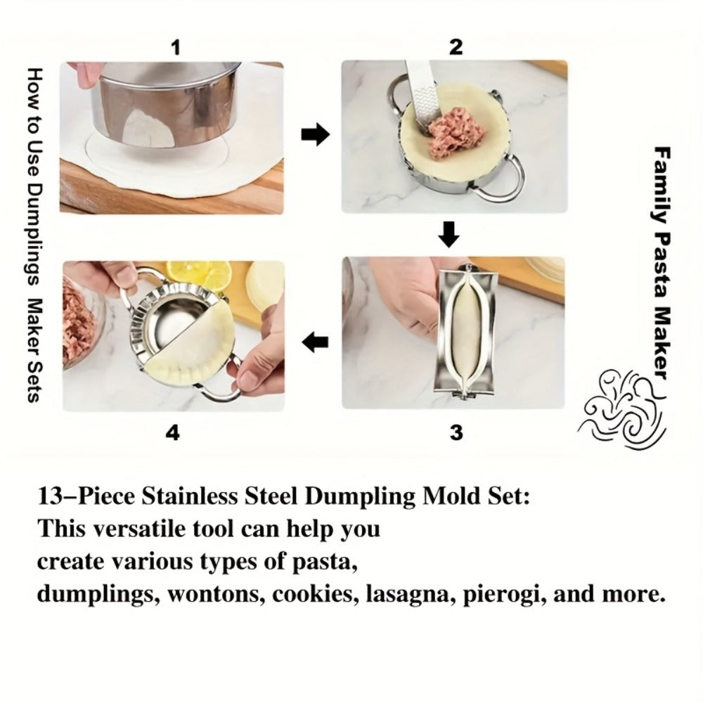 13PCS Dumpling Maker Set - Stainless Steel Ravioli Pierogi Cutter Tools with Wooden Handles