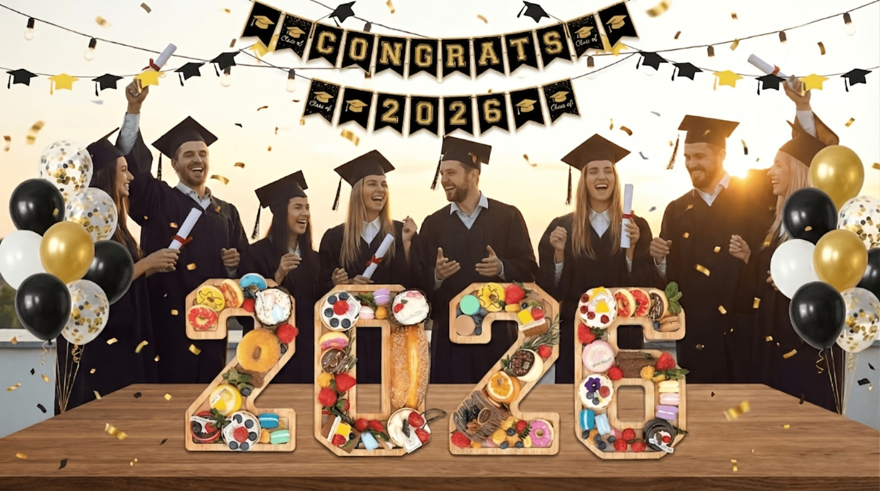 Graduation Charcuterie Board Decorations 4pcs Wooden Number Box with 14 Balloons ¨C 2026 GRAD Fillable Party Supplies