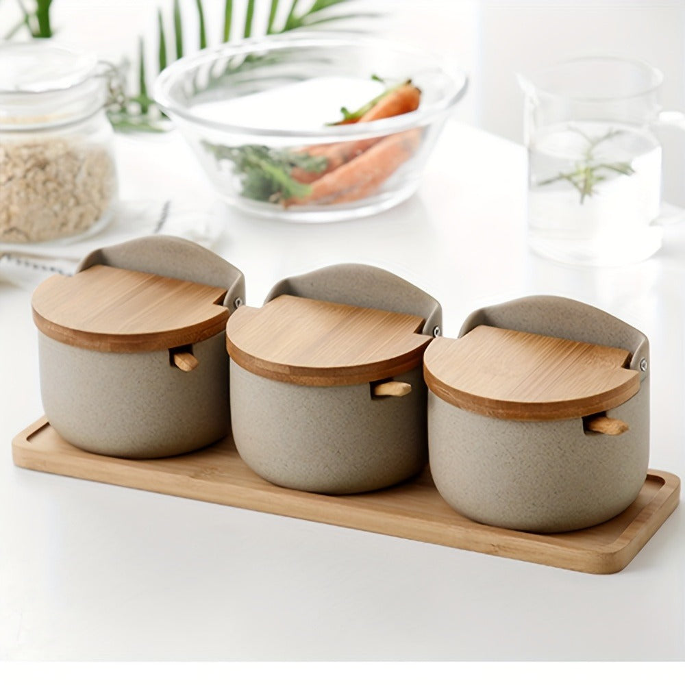 Ceramic Seasoning Pot Set with Lid & Spoon ¨C Salt Pepper Spice Jar Container with Tray Kitchen Condiment Storage Organizer for Counter Cooking Accessories Housewarming Gift
