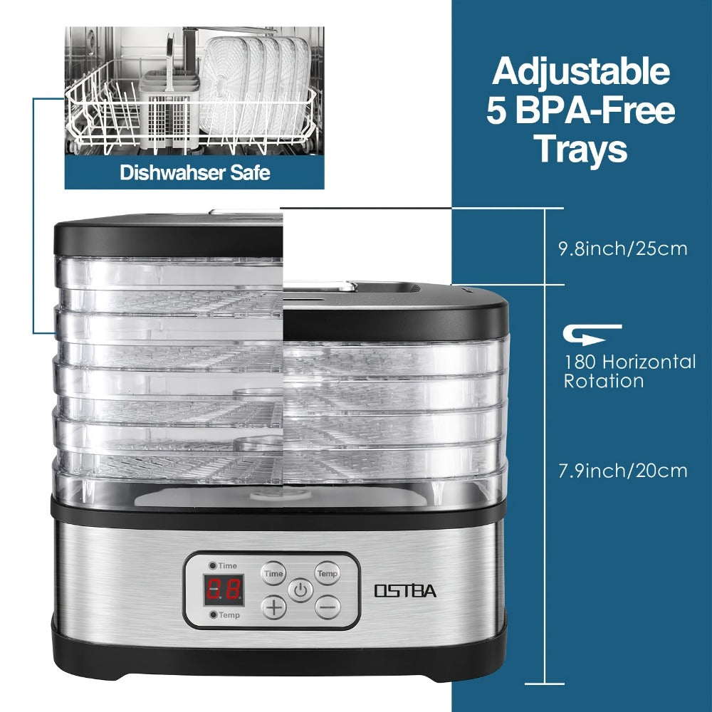 Food Dehydrator Machine 5-Tray with Adjustable Temperature Control and 72-Hour Timer - Electric Food Dryer for Jerky Fruit Herbs Dog Treats Snacks, 240W LED Display Dehydrator with Recipe Book Included
