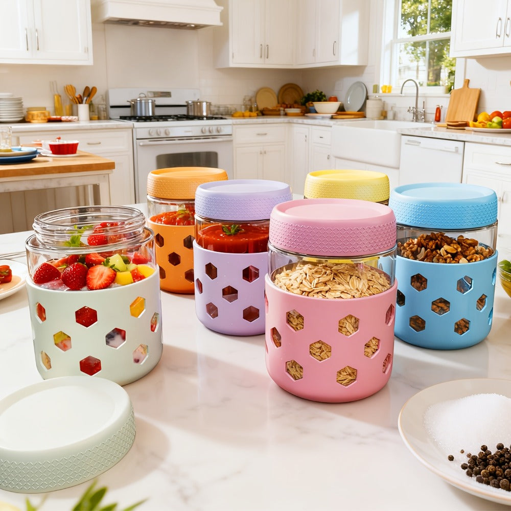 Wide Mouth Mason Jars with Airtight Lids 6 Pack 16oz - Glass Food Storage Containers for Overnight Oats Yogurt Snacks Spices and Salad, Clear Round Glass Jars with Optional Protective Silicone Sleeves for Kitchen Pantry and Meal Prep