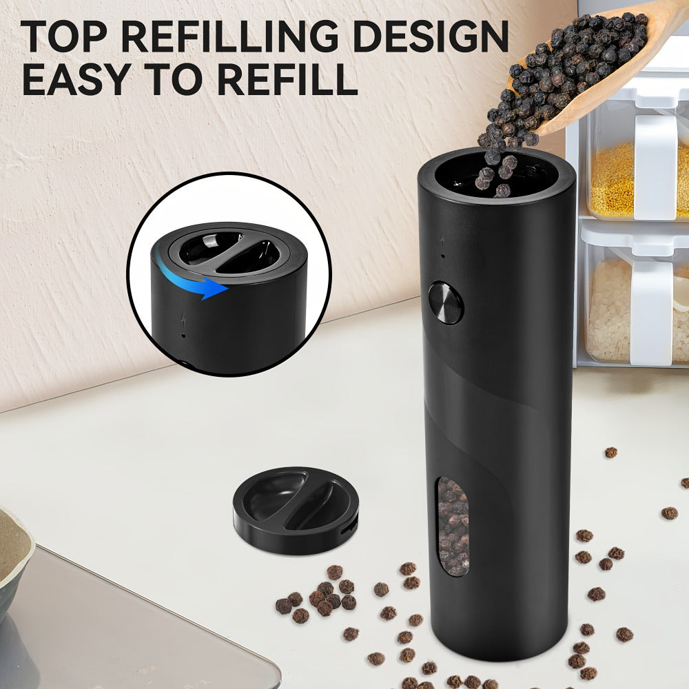Electric Pepper Grinder Set USB-C Rechargeable with LED Light Ceramic Core Adjustable Coarseness One-Hand Automatic Salt Pepper Mill Kitchen Gift for Home Cooking Camping BBQ
