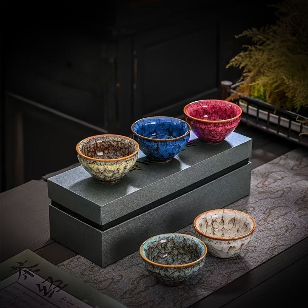 Kung Fu Tea Cups Set of 5 ¨C Handmade Kiln-Fired Jianzhan Ceramic Teacups ¨C Five-Element Design in 5 Colors with Gift Box ¨C Elegant Chinese Tea Ceremony Cup Gift for Business, Friends & Family