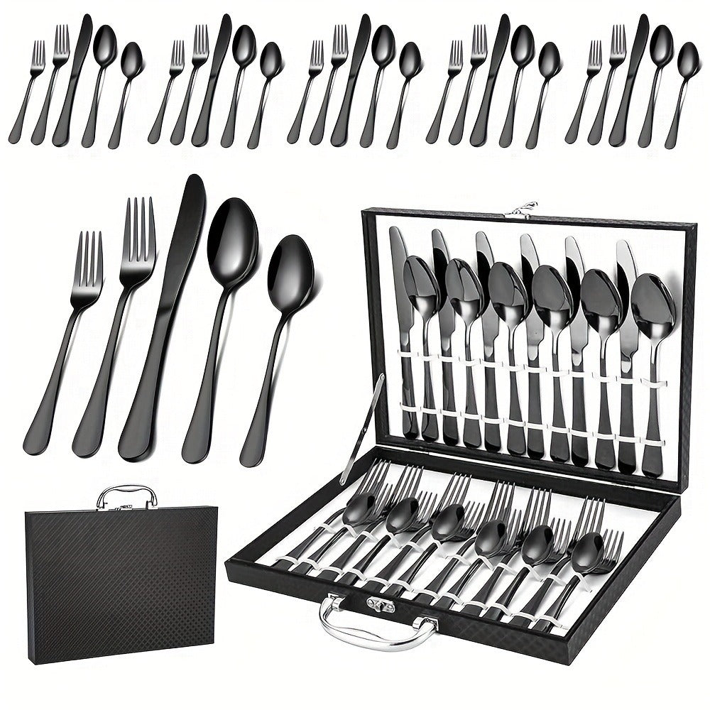 30pcs Golden Stainless Steel Flatware Set for 6 People Mirror Polish Knives Forks Spoons Silverware with Wooden Gift Box for Wedding Celebration Banquet Business Gift