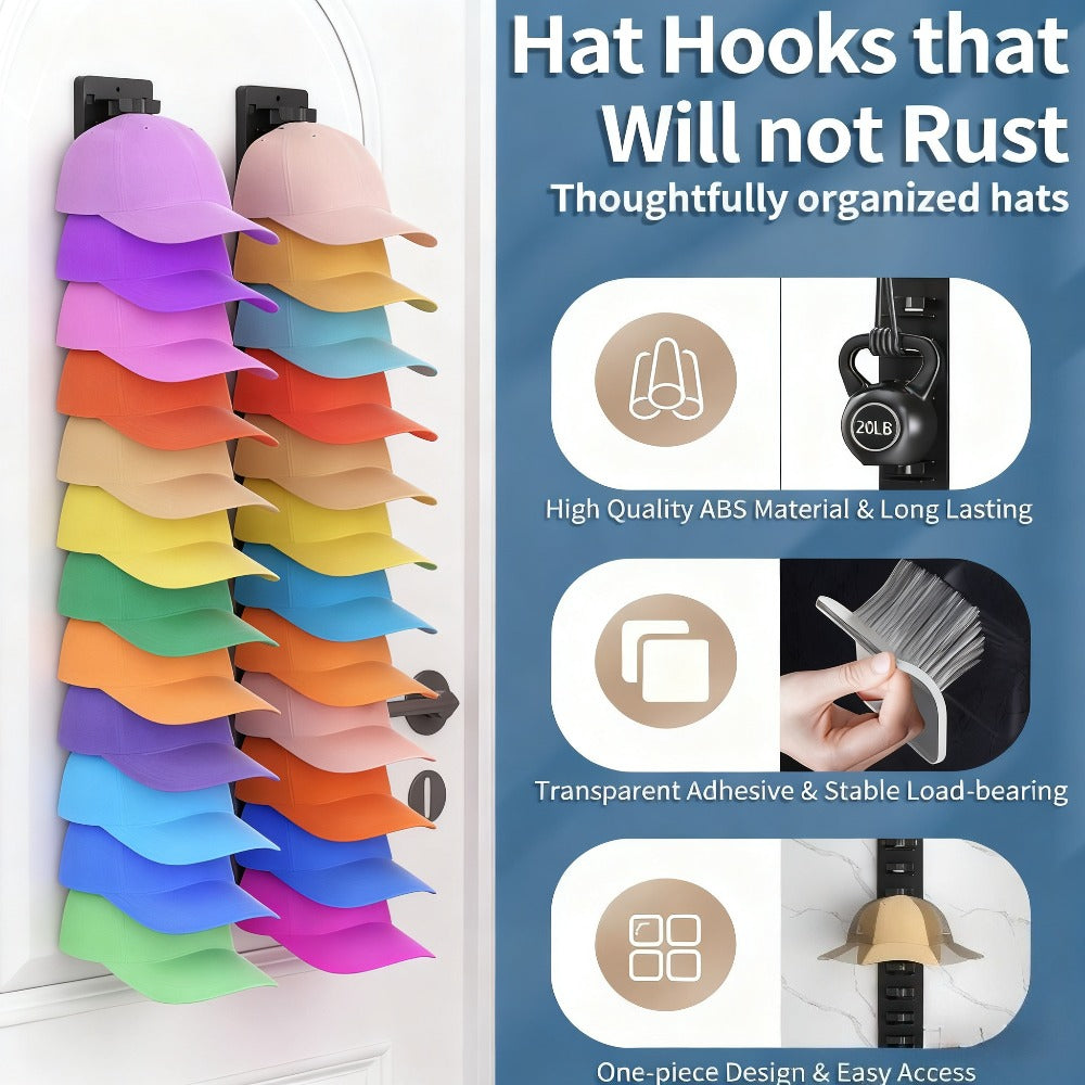 Hat Organizer Wall Mounted 2-Pack, 24-Cap Capacity Storage Hooks, Adhesive or Drill Install, Closet Entryway Bedroom Hat Rack, Durable Polypropylene, Space-Saving Vertical Display