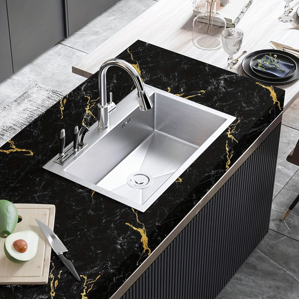 Black Marble Wallpaper Self-Adhesive Peel and Stick | Gold Vein Kitchen Backsplash Contact Paper | 23.62¡± x 196.85¡± Large Removable Wall Sticker for Modern Home Decor, Countertop & Furniture Wrap