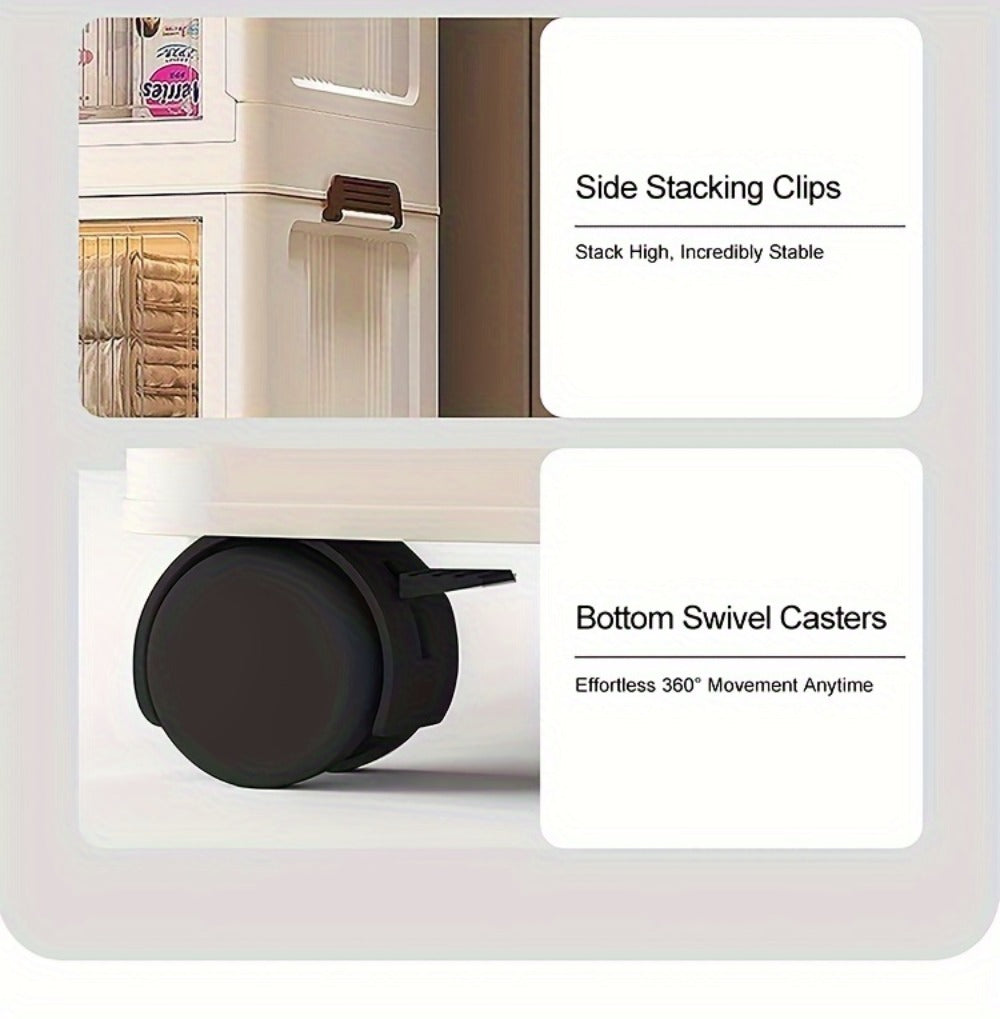 Folding Storage Cabinet with Wheels, 3/4/5-Tier Stackable Plastic Storage Bins with Lids & Magnetic Doors, Foldable Large Organizer with 360¡ã Lockable Wheels for Home Office Kitchen Bathroom Garage
