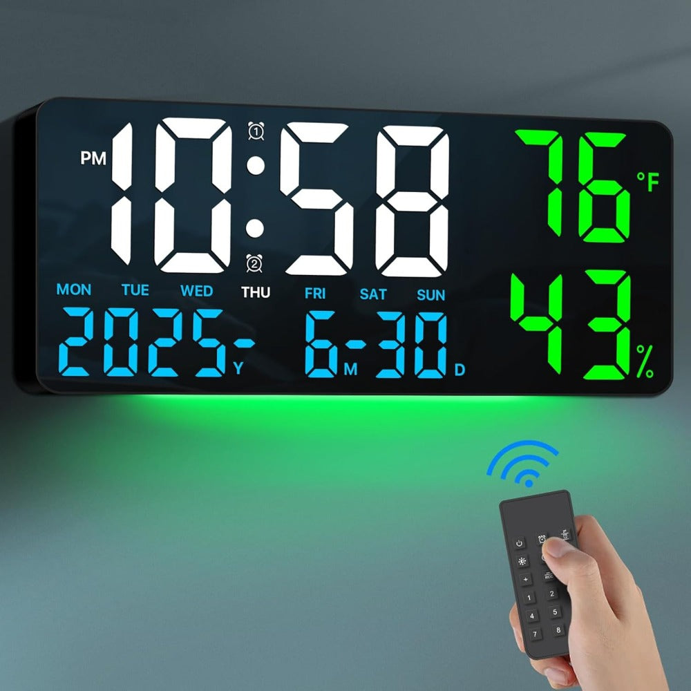 Large Digital Wall Clock with Remote Control ¨C 14.6¡± LED Display Dual Alarm Clock with Night Light, Temperature, Humidity, Date & Week ¨C RGB Color-Changing Bedroom & Living Room Clock Gift for Elderly