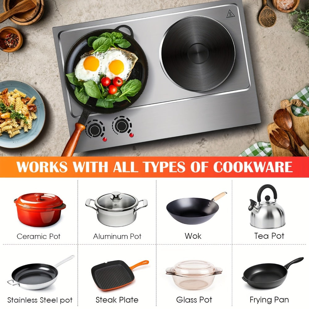 Hot Plate Electric Burner with Temperature Control ¨C Dual Size Coil Burners 7.4in & 6.1in, Countertop Electric Stove for Daily Cooking, Dorm, Office & Travel, Multiple Colors Available