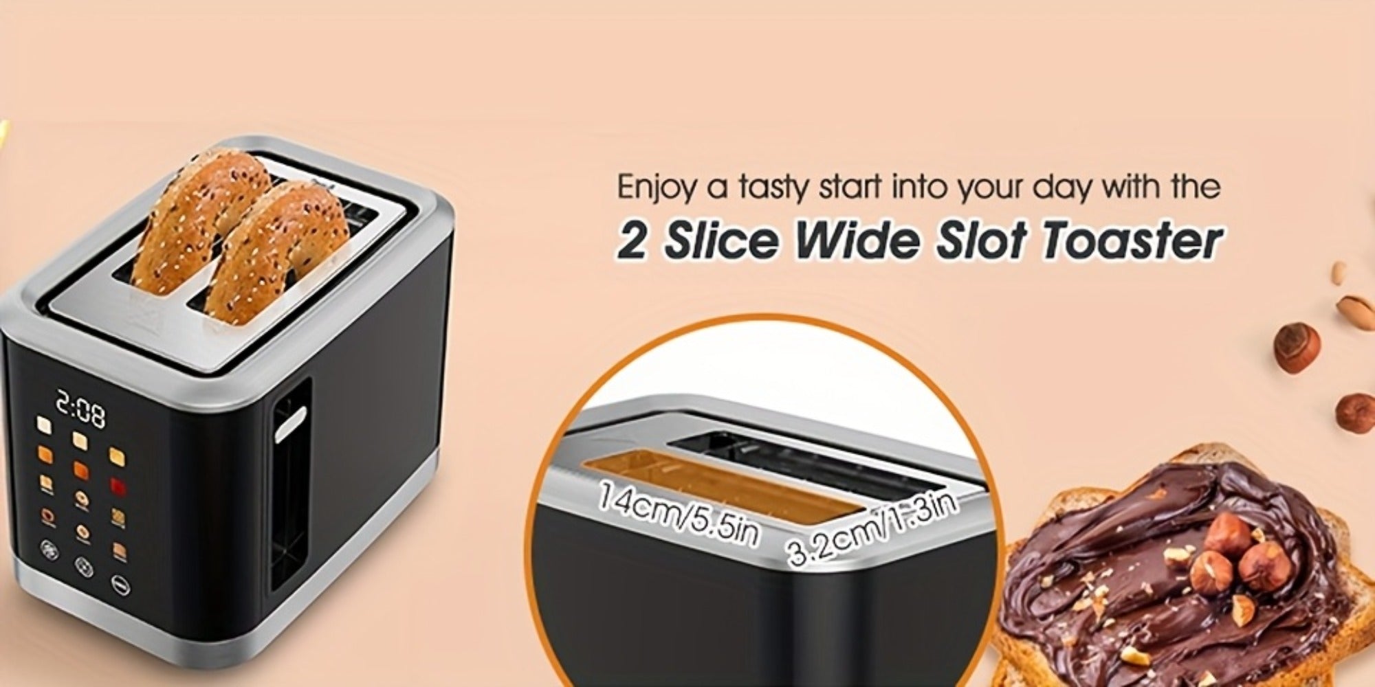2 Slice Toaster with Touch Screen ¨C 1.5¡± Wide Slot for Bread, Bagels & English Muffins, 6 Bread Types, 5 Toast Shade Settings, Cancel & Defrost Functions