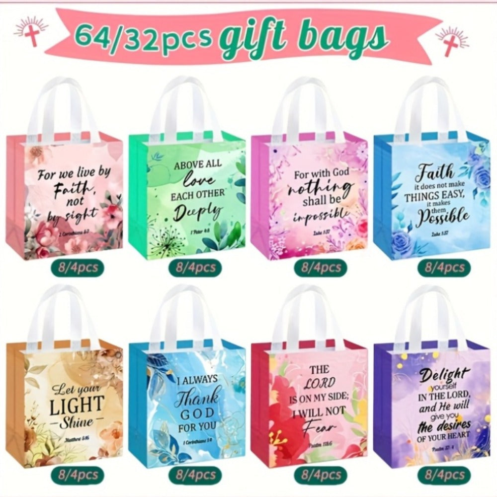 Religious Gift Bags with Handles Bulk 32 or 64 Pcs Bible Verse Flower Designs Reusable Non-Woven Tote Bags for Church Wedding Birthday Party Women Girls