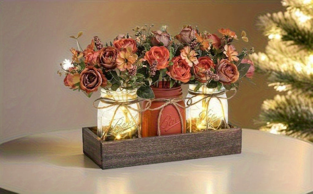 Mason Jar Centerpiece Table Decorations with Wood Tray & LED Lights ¨C 3-Piece Farmhouse Decor Set for Dining Room, Kitchen, Living Room & Bathroom | Holiday Home Decor Gift