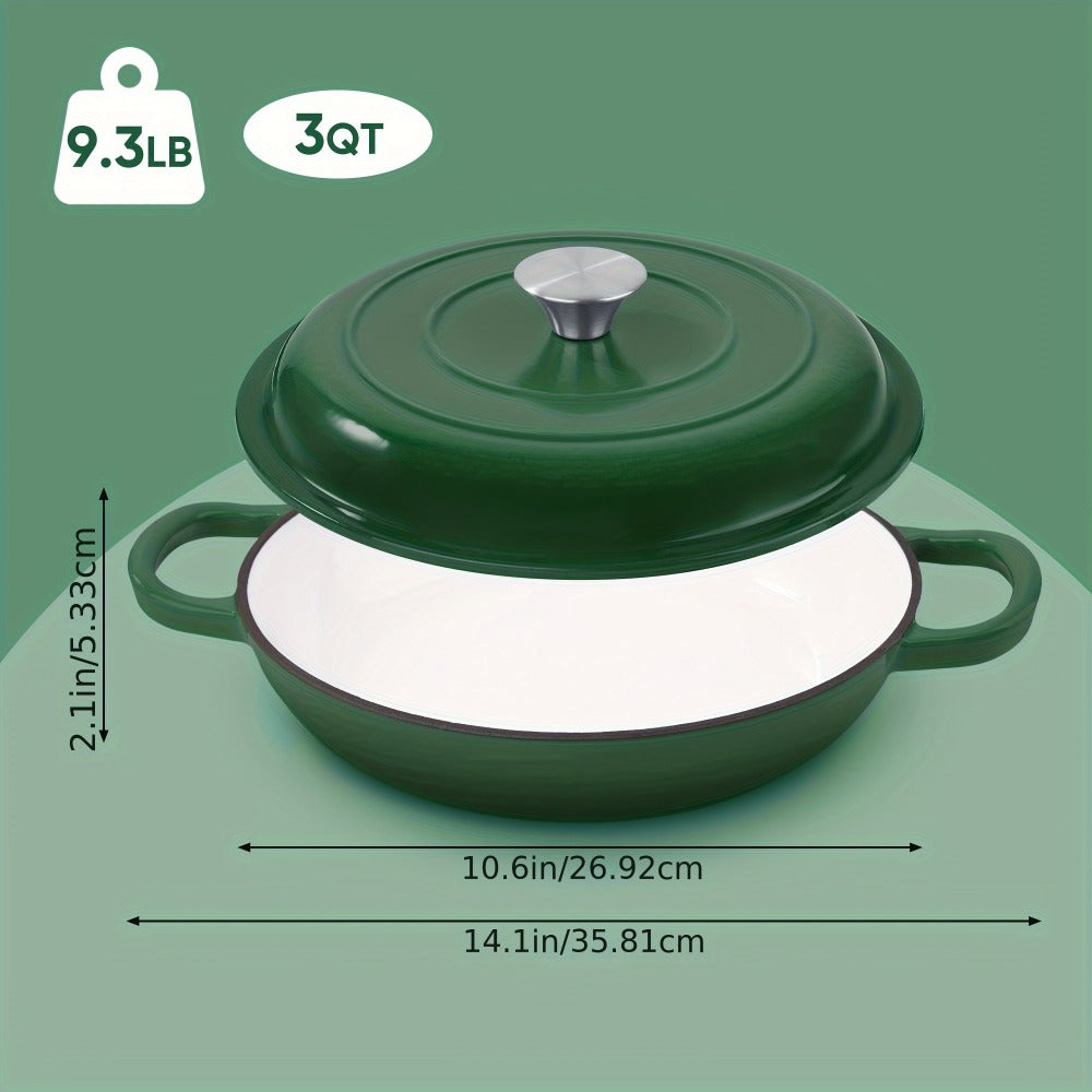 Enamel Cast Iron Dutch Oven 3QT with Lid, Shallow Braiser Pot with Double Handles for Cooking Braising Stewing, Compatible with All Stovetops & Oven ¨C Colorful Enameled Cast Iron Cookware