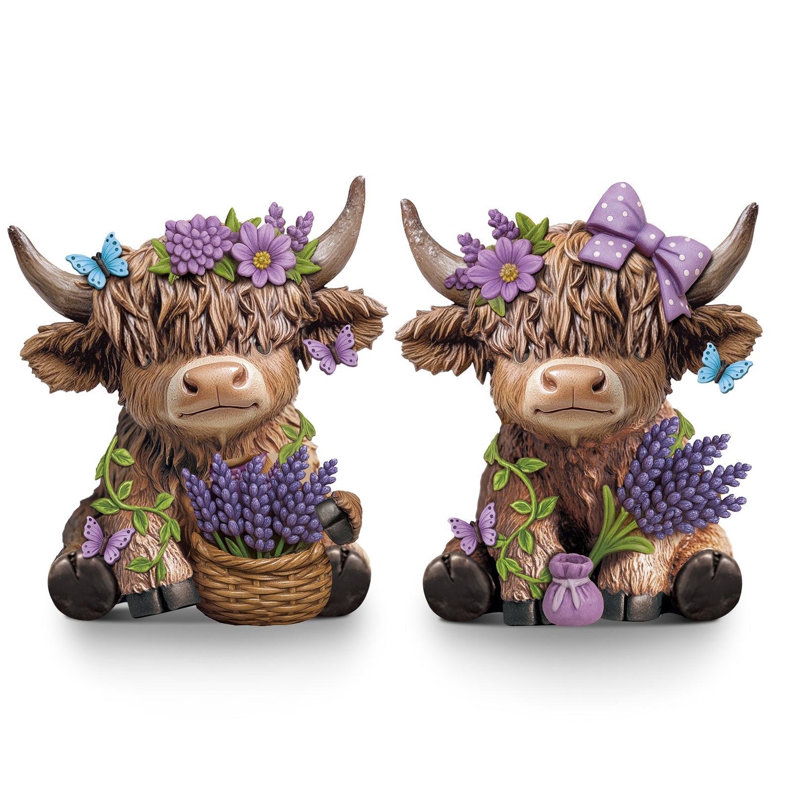 Scottish Highland Cow Figurines with Lavender - Resin Calf Statue Set of 2 for Home Garden Office Decor | Spring Table Centerpiece, Shelf Display & Housewarming Gift | Lavender-Themed Highland Cow Decor