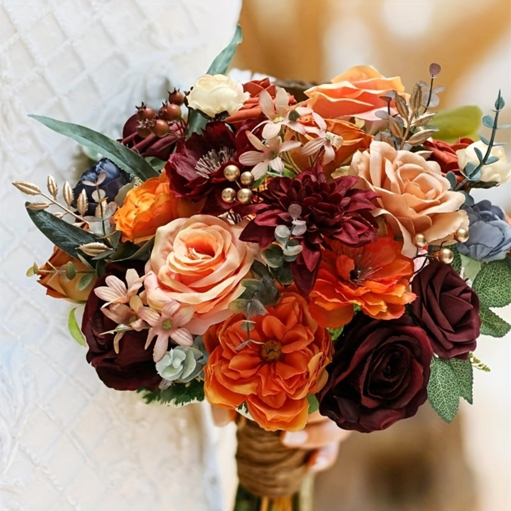 Artificial Flowers Bouquet Set ¨C Foam Roses for Wedding, Fall Halloween Valentine's Day Table Decor, Orange Wine Red Blue