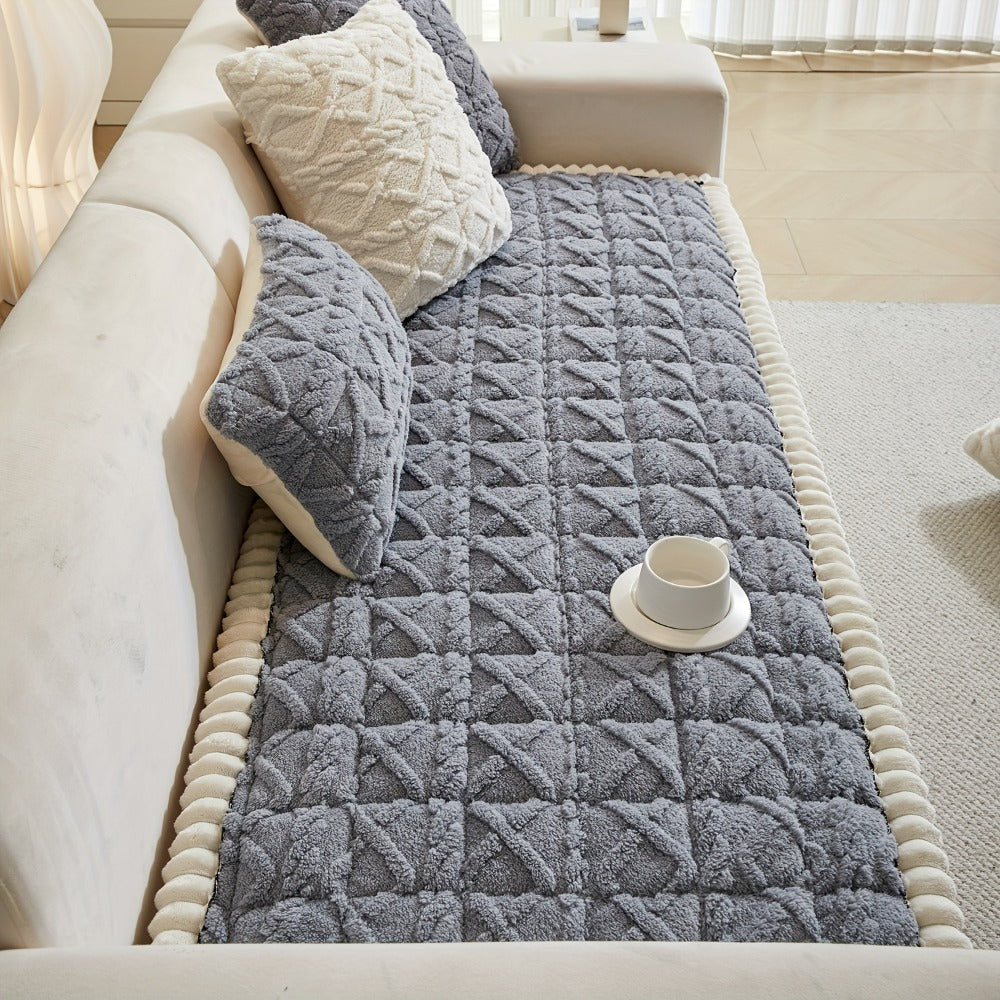 Bohemian Quilted Sofa Cover with Ruffles - 300GSM Shu Velveteen Anti-Slip Pet Friendly Machine Washable Plush Slipcover for Loveseat 3-4 Seater Sectional Sofa, 5 Colors
