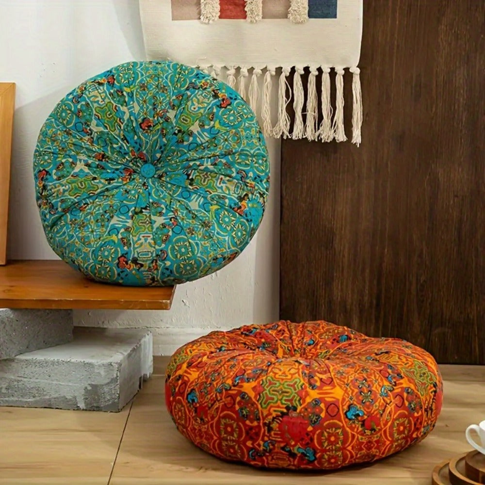 Floor Pillow Round Bohemian Thick Cushion Vintage Floral Pattern Boho Meditation Seat Pad Fade Resistant Cotton Filled Decorative Pouf for Living Room Bedroom All Seasons