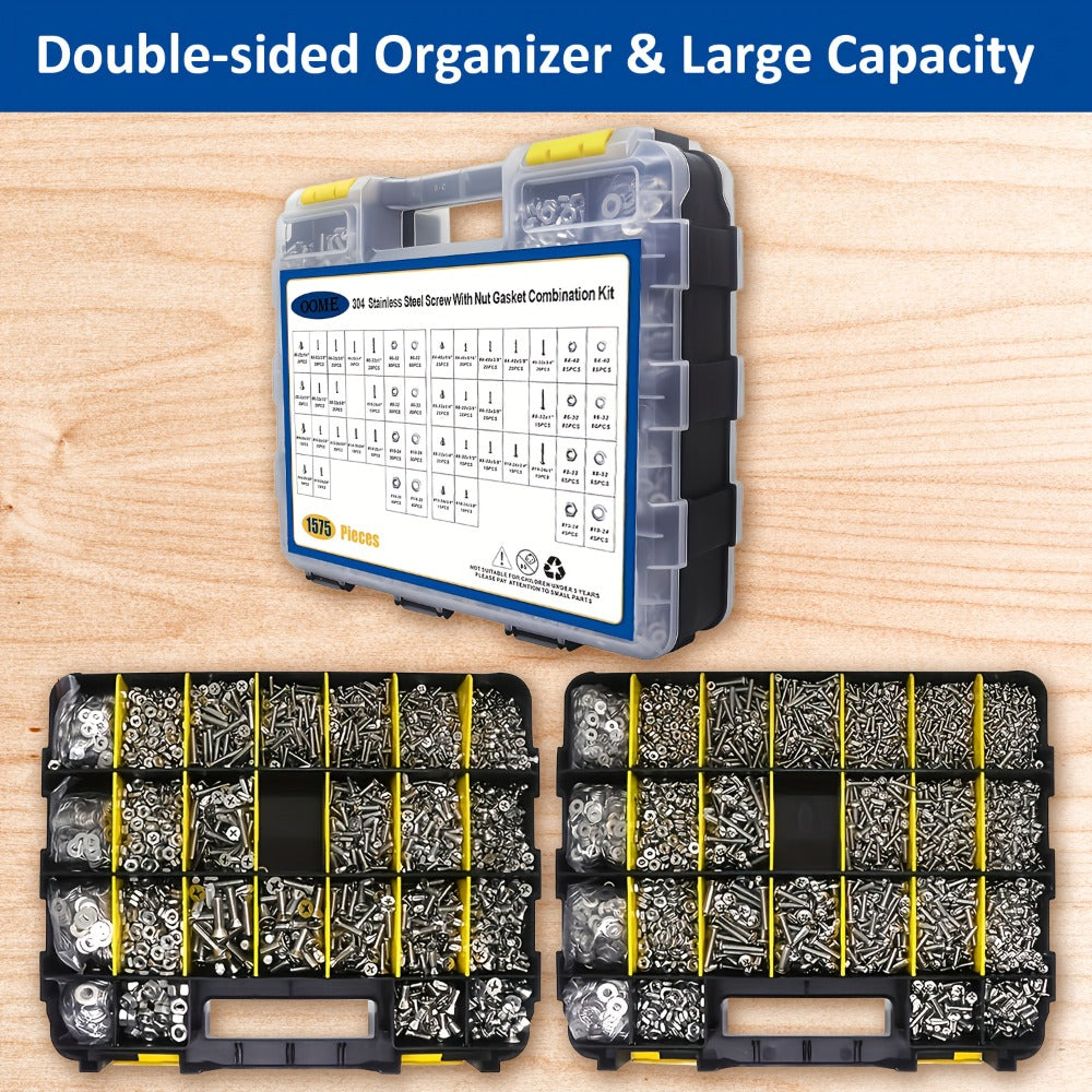 1575pcs 304 Stainless Steel Nuts and Bolts Assortment Kit ¨C Pan Head Flat Head Screws Nuts Washers with Double-Sided Storage Box for Home & Mechanical Repairs