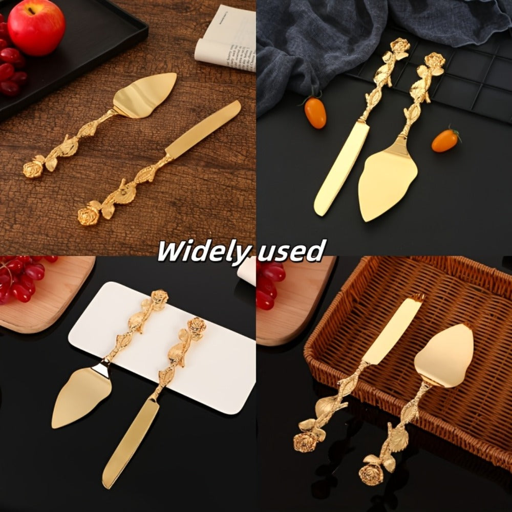 Cake Knife and Spatula Set with Rose Handle ¨C Silver-Plated Dessert Server Gift Box Set for Wedding, Birthday & Party