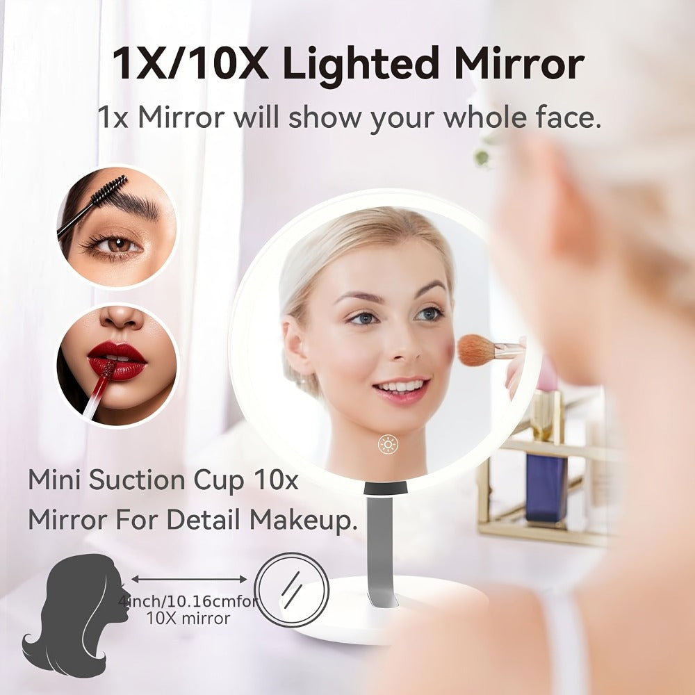 LED Makeup Mirror with Lights & 10X Magnification - Touch Dimming Desktop Vanity Mirror, Adjustable Brightness, Portable Handheld Design for Bathroom, Bedroom & Office, Ideal Gift for Women