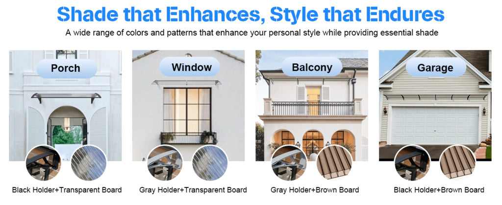 Polycarbonate Window Awning Door Canopy - UV Rain Snow Sun Protection Overhang for Doorways, Patio & Windows, Multiple Sizes, Black/Gray Bracket with Blue/Clear/Brown Board