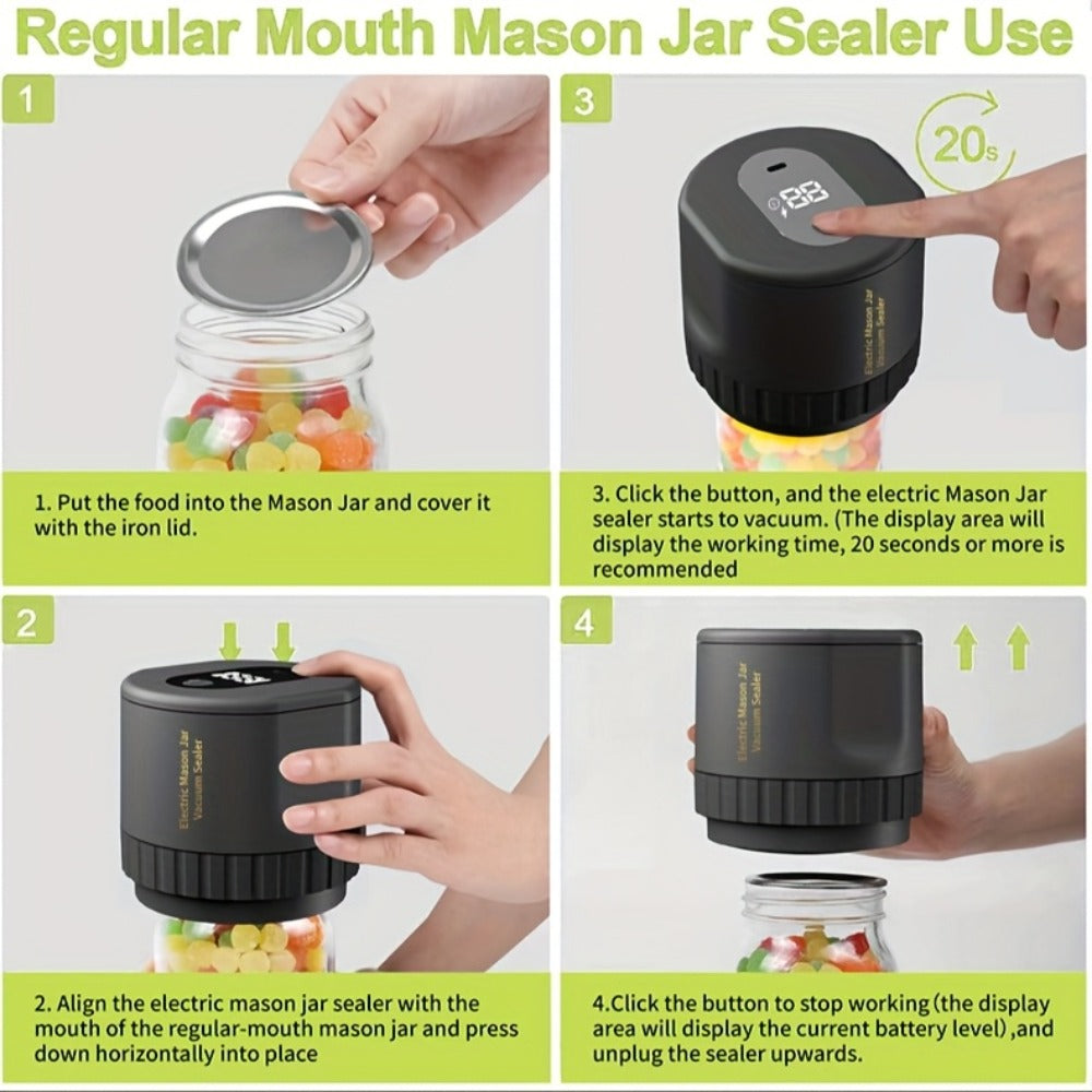 Electric Mason Jar Sealer One-Touch Vacuum Seal - 2025 New Model Automatic Jar Sealer Kit with Wide Mouth & Regular Mouth Lids, Food Storage Vacuum Sealer for Mason Jars, Canning Jar Lid Sealer, Black & White