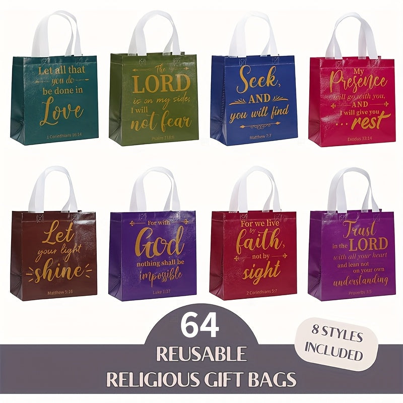 Bible Verse Gift Bags Bulk 32 or 64pcs | 8 Colors Reusable Christian Religious Gift Bags with Handles for Women | Medium Non-Woven Church Bags for Baptism, Wedding, Party Supplies, VBS, Faith Events