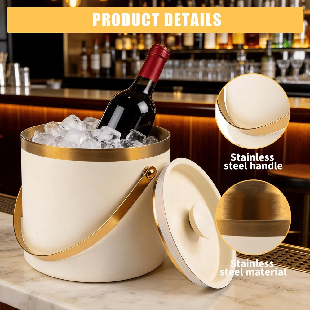 Stainless Steel Ice Bucket with Lid 44oz, 3-Layer Vacuum Insulated Large Ice Bucket with Ice Spoon & Drain, Mirror Finish, for Party Bar Picnic, White