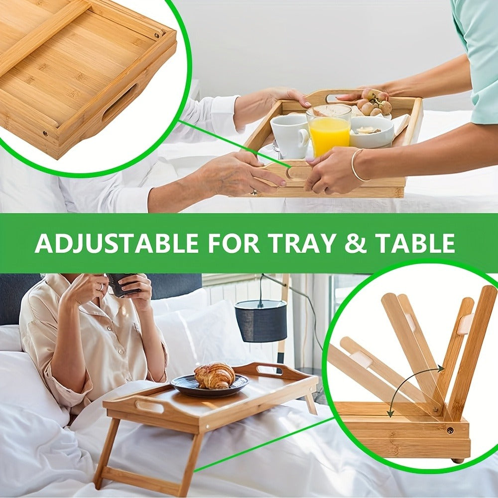 Bamboo Breakfast Tray with Folding Legs & Handles 2 Pack ¨C Extra Wide Foldable Bed Tray Table for Eating, Working & Drawing on Sofa or Bed, Food-Safe Natural Bamboo with 10 Paper Plates