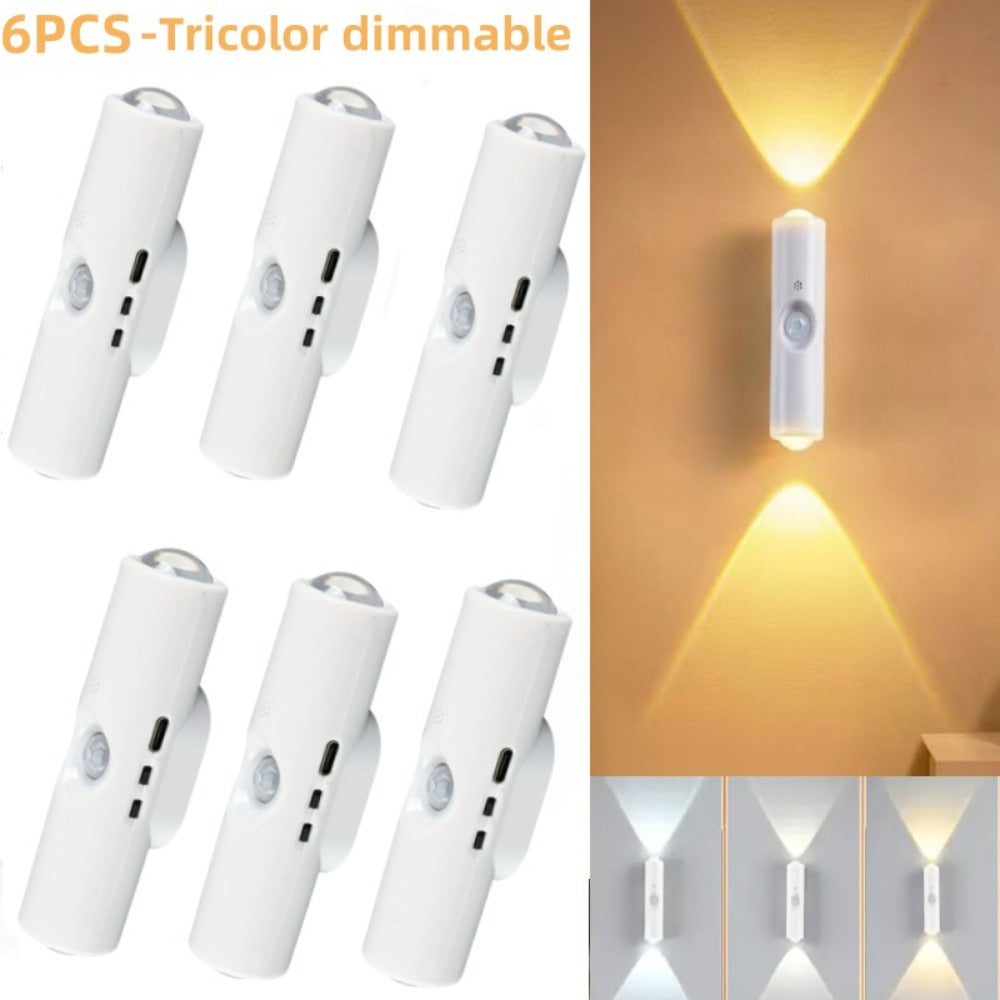 Cat Eye LED Wall Light Motion Sensor ¨C 6 Pack USB Rechargeable Night Lamp, 3 Color Settings, Wireless Auto Sensing No Wiring for Bedroom Stairs Closet Bathroom Hallway (RGB / Three Colors)