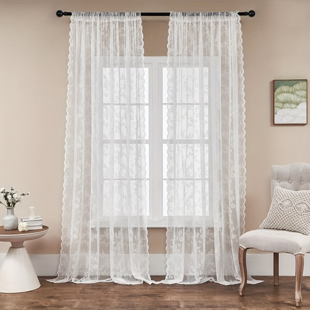 Sheer Lace Curtains 2 Panels Bohemian Floral Semi-Transparent Rod Pocket Window Curtains for Living Room Bedroom All Seasons