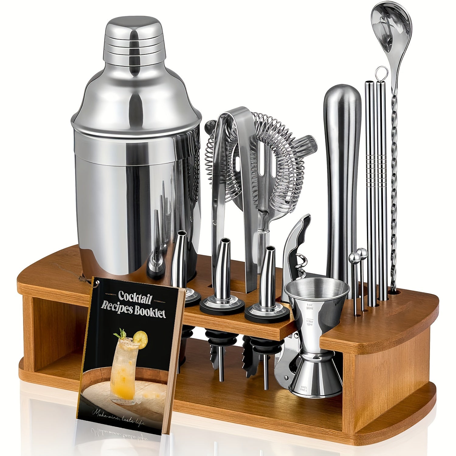 Cocktail Shaker Set Bartender Kit with Stand - 304 Stainless Steel Bar Tools Drink Mixer Set with Martini Shaker Jigger Strainer Mixer Spoon Muddler Liquor Pourers
