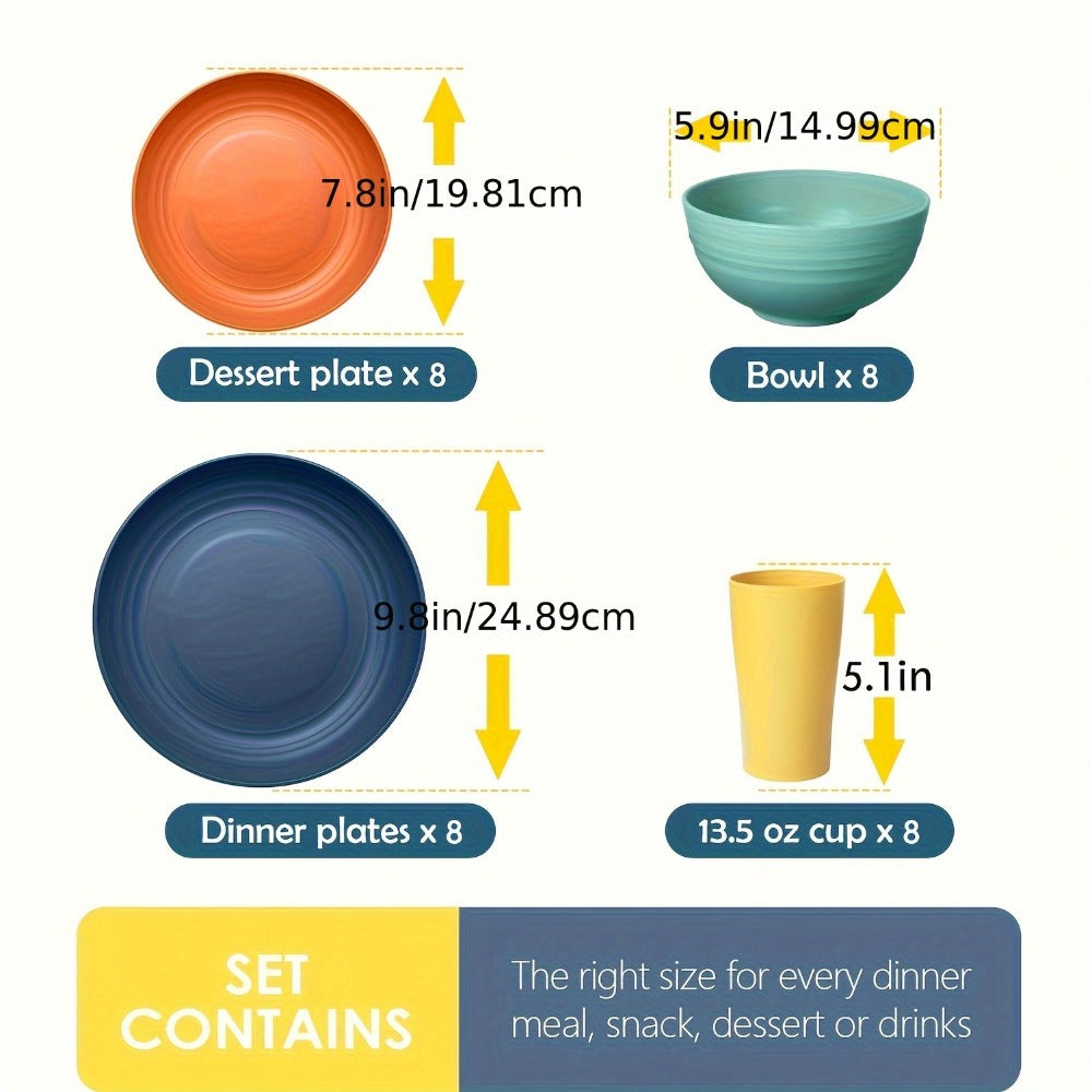 Wheat Straw Dinnerware Set 32/16pcs, Unbreakable Plastic Plates Bowls Cups, Colorful Outdoor Camping Dishes Service for 8