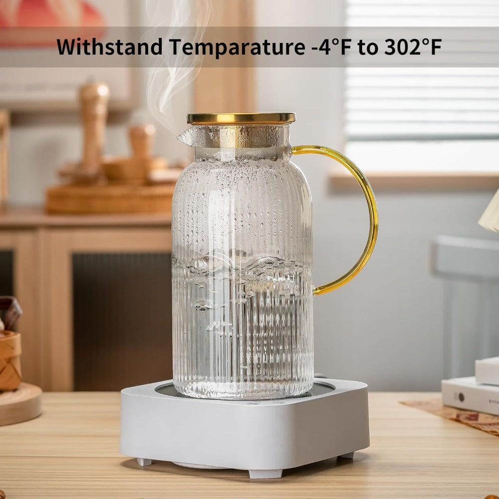 Glass Pitcher with Stainless Steel Lid 68oz 2 Liter Borosilicate Water Pitcher Carafe for Cold Brew, Lemonade, Iced Tea & Milk ¨C Heat Resistant, 2 or 4 Pack