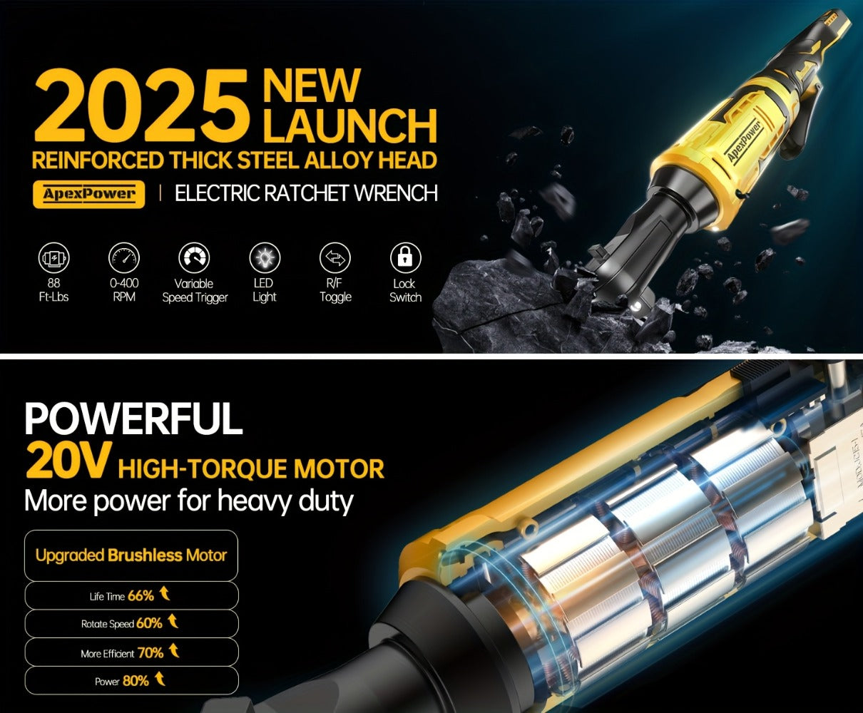 Cordless Electric Ratchet Wrench 3/8'' & 1/2'' Drive, Compatible with Dewalt 20V Max Battery, 88 Ft-lb High Torque, 0-400 RPM Variable Speed, 8 Sockets, Built-in LED Light (Battery Not Included)