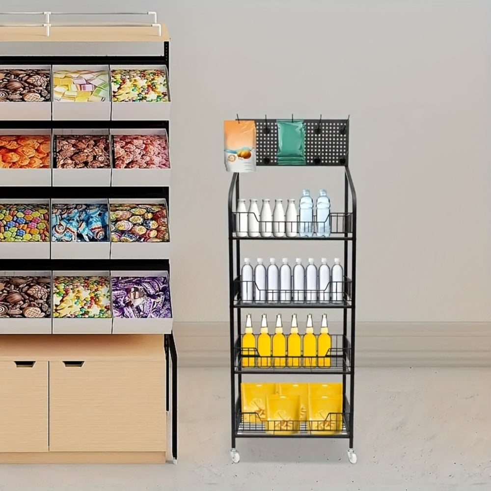 4-Tier Metal Display Rack with Wheels ¨C Rolling Floor Shelf for Kitchen, Store & Home Storage Organization