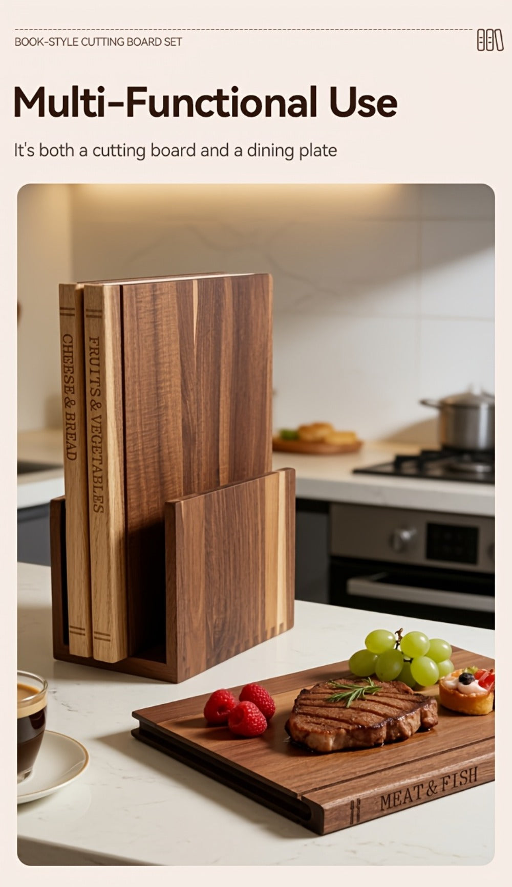 Acacia Wood Cutting Board Set 3 Piece with Stand Book Shaped Decorative Chopping Board for Vegetables Cheese Bread Meat Kitchen Gift Set