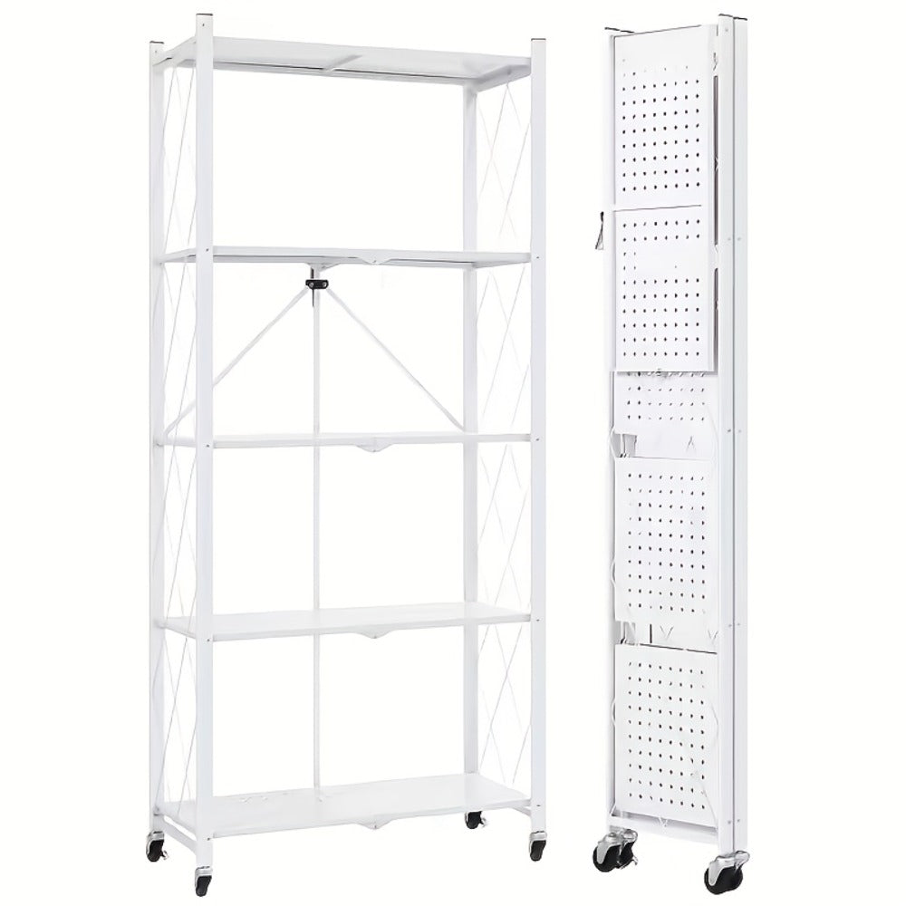Rolling Storage Rack with Wheels 3 4 5 Tier Folding Shelving Unit No Assembly Required, Freestanding Metal Shelf Organizer for Kitchen Living Room Garage Office Basement, Black White