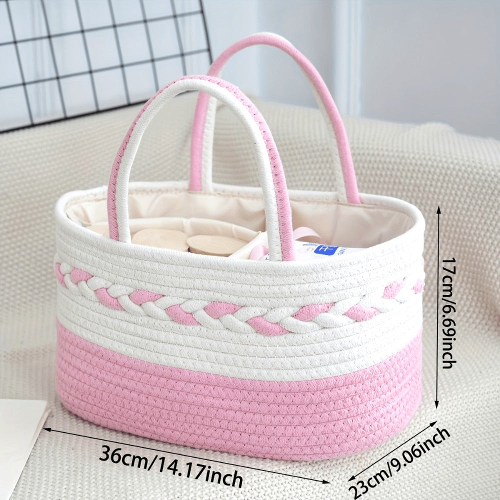 Boho Rope Storage Basket Woven Foldable Organizer 14¡± Large Capacity - Removable Lining Striped Shelf Basket with Handle for Home Bedroom Living Room Laundry Decor