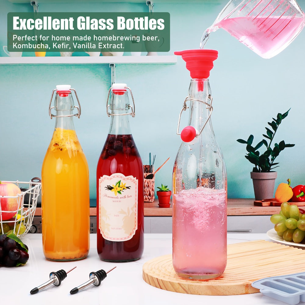 Swing Top Glass Bottles 32oz with Airtight Stopper - Flip Top Brewing Bottles for Kombucha Beer Beverages Oil Vinegar Water Soda - Set of 4 6 8 12 Reusable Glass Bottles with Swing Lid