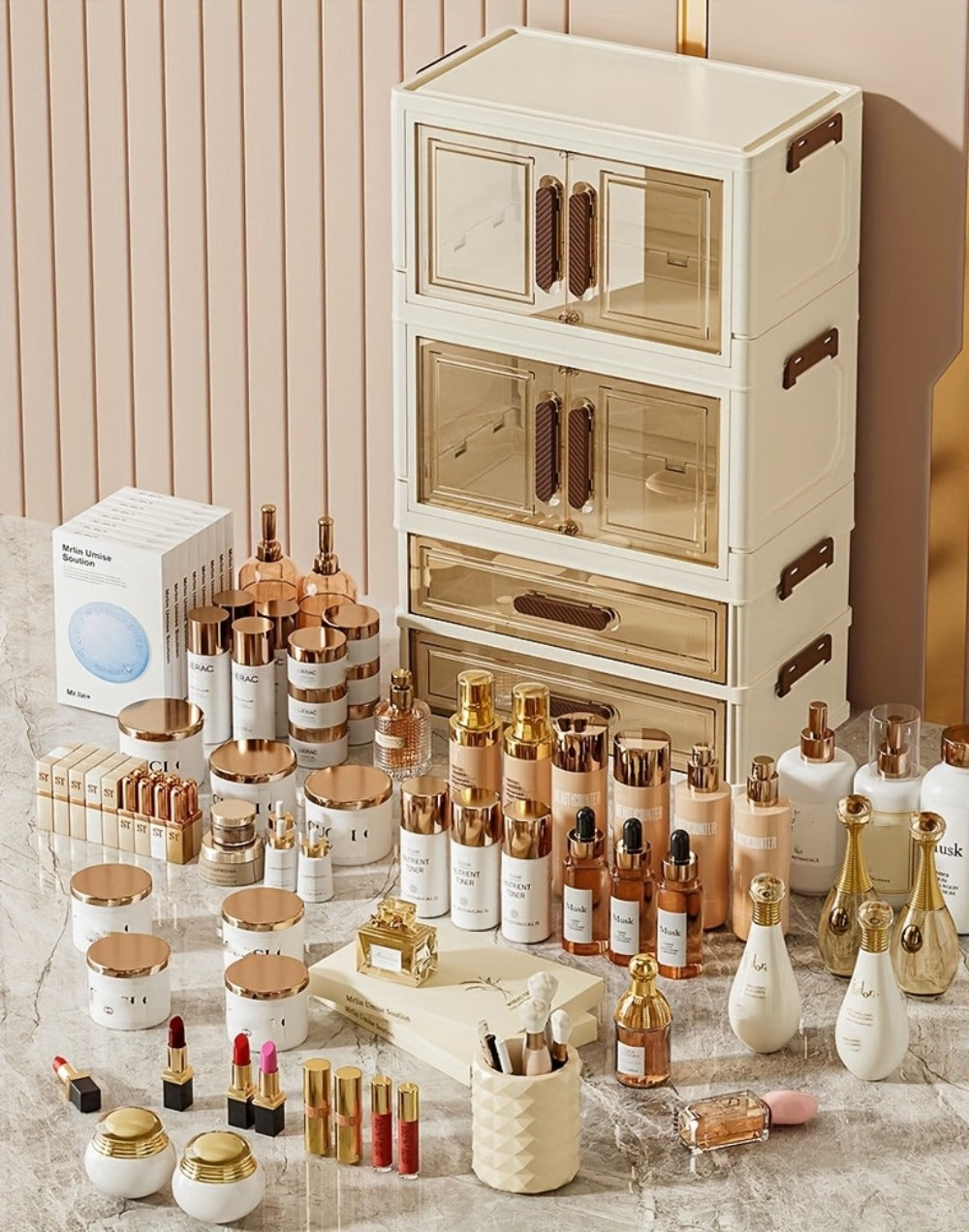 Makeup Storage Cabinet with Transparent Drawers, Stackable Cosmetic Organizer for Vanity, Foldable Plastic Skincare Storage Box, Retro White Gold Design, Desk Organizer for Bedroom Home